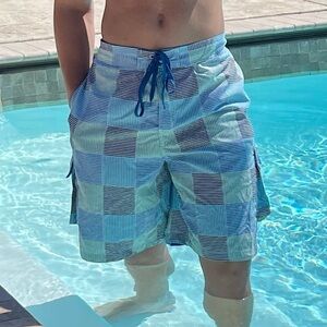 NWT Club Room M & XL Aquamarine Plaid Striped Swim Trunks MT0